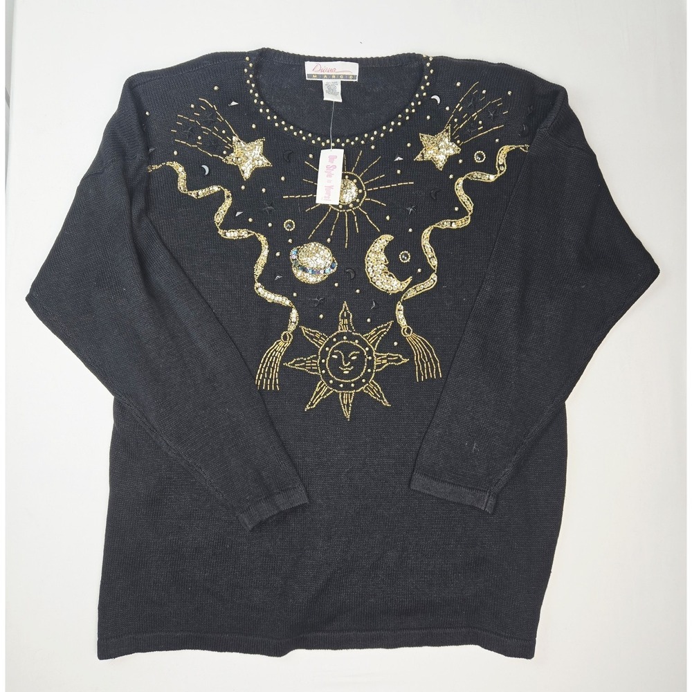 Vintage Diana Marco Womens Sweater NWT black gold sun stars sequin sz 22/24